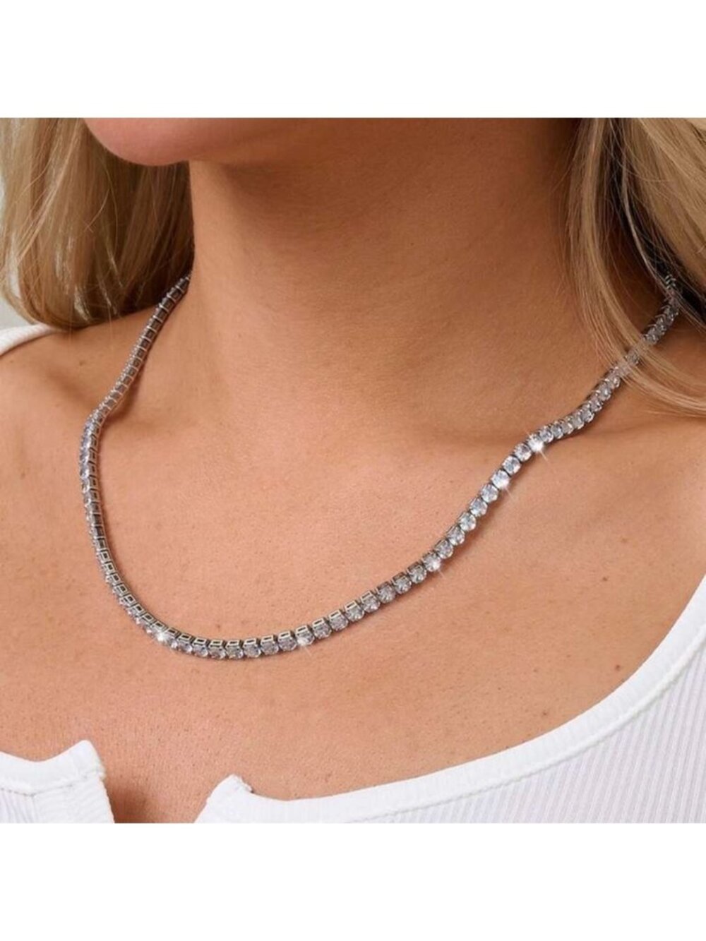 Silver Plated Stainless Steel CZ Tennis Necklace Cubic Zirconia Necklace